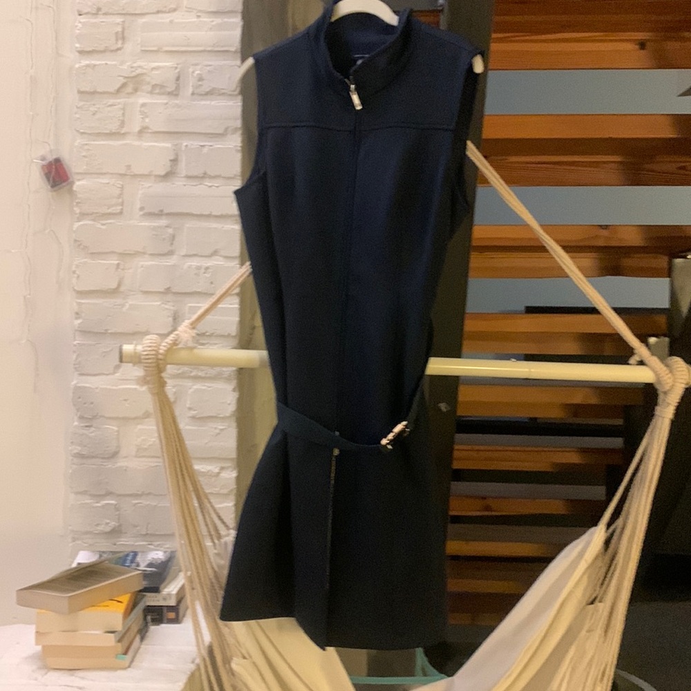 Zipper front belted navy dress